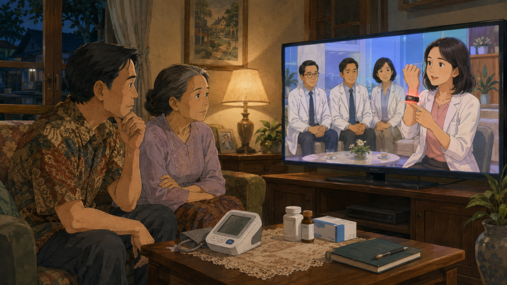 Keluarga menyaksikan dokter mempromosikan alat kesehatan melalui acara televisi
