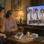 Keluarga menyaksikan dokter mempromosikan alat kesehatan melalui acara televisi